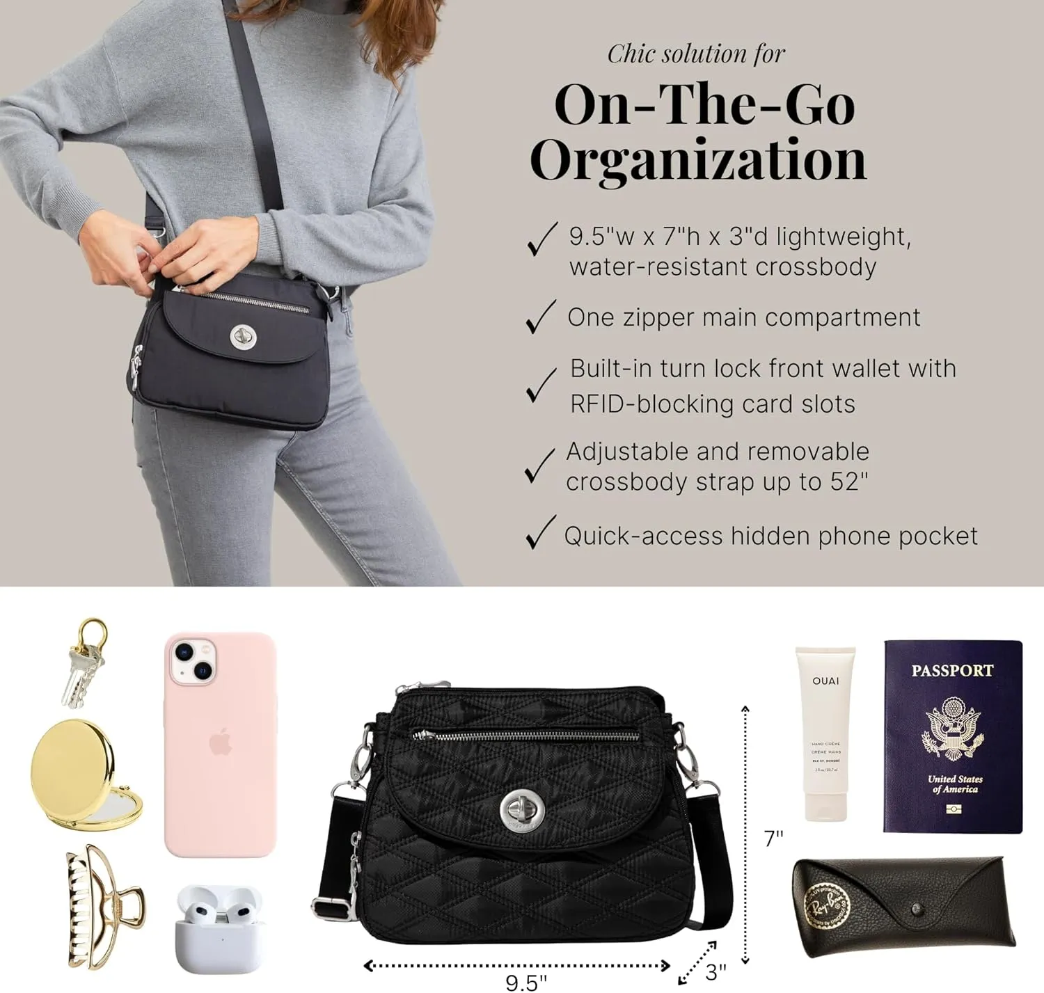 Baggallini Calais Crossbody Bags for Women 9.5"x7" Travel Handbag Purse w/RFID Front Wallet Lightweight Water-Resistant