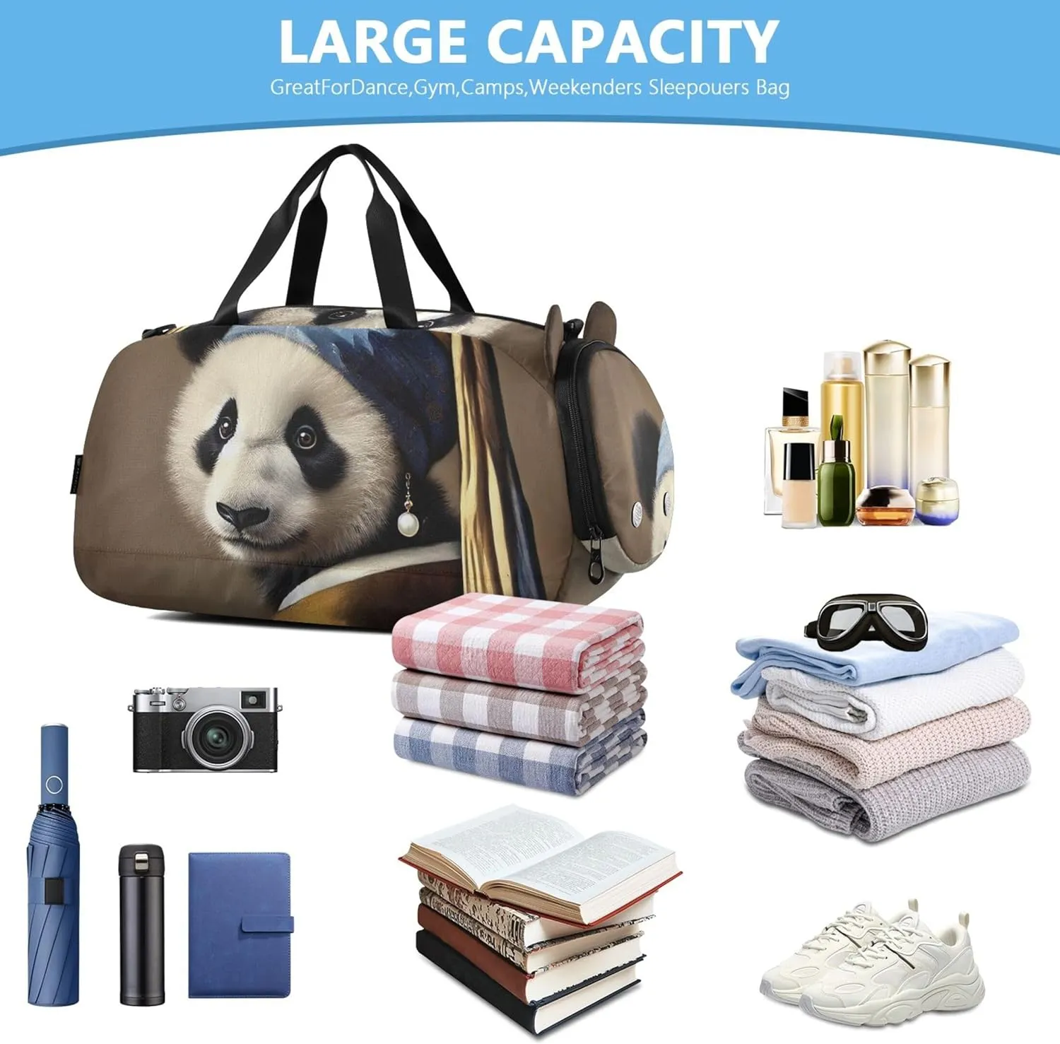 Carry on Duffel Bag for Boys Overnight Weekender Duffel Girls Tote Duffle Bags Travel Kids Duffle Bag Classic Panda Pearl Earring