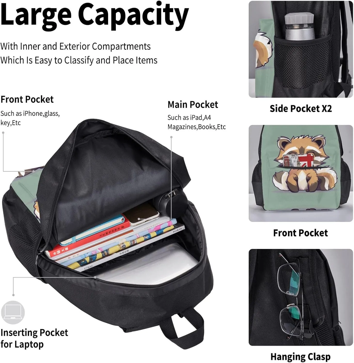 Cartoon Cute Raccoon Print 3pcs Casual Backpack With Lunch Box Unisex Adjustable Backpack,Travel Laptop Backpack