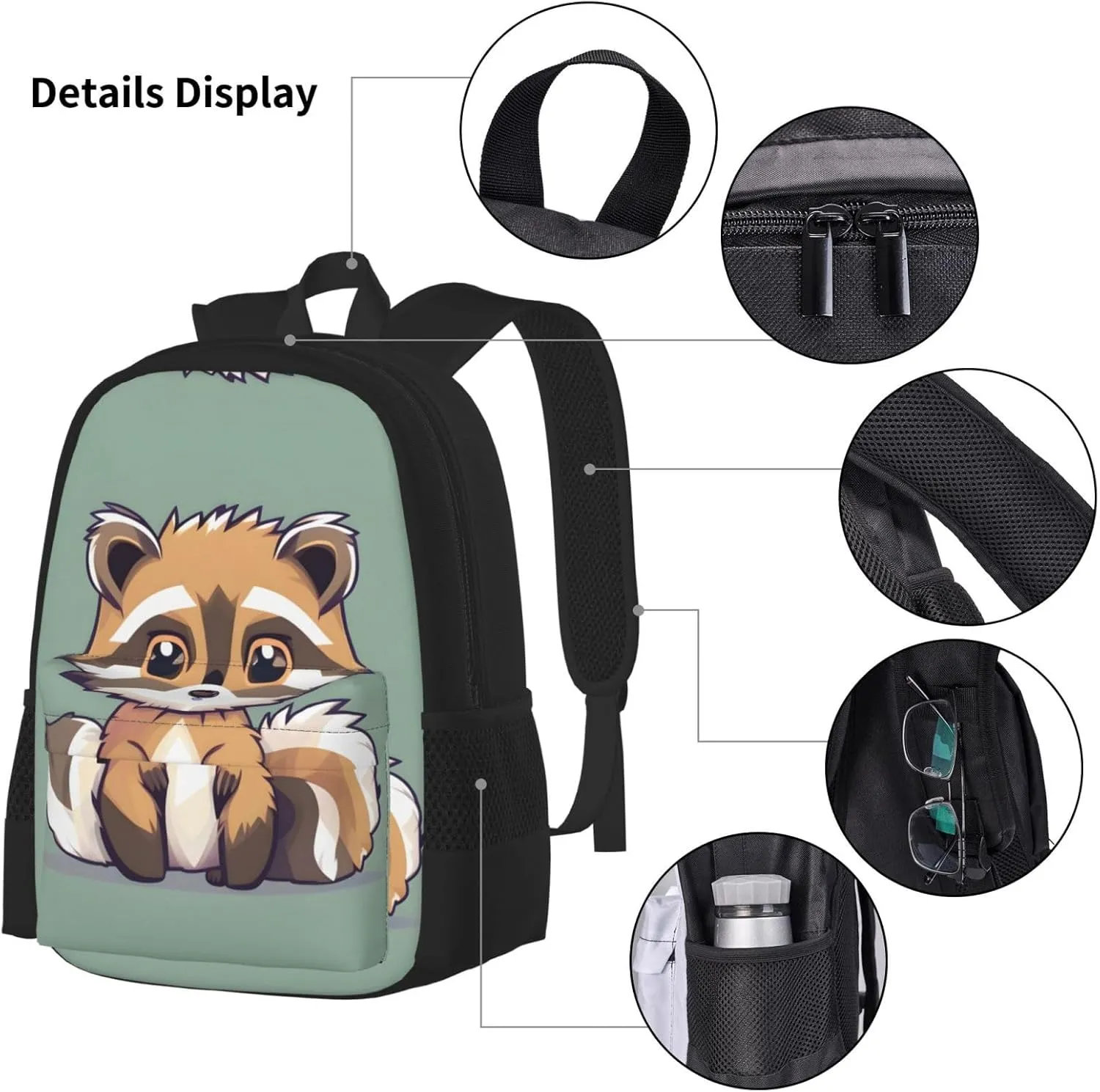 Cartoon Cute Raccoon Print 3pcs Casual Backpack With Lunch Box Unisex Adjustable Backpack,Travel Laptop Backpack