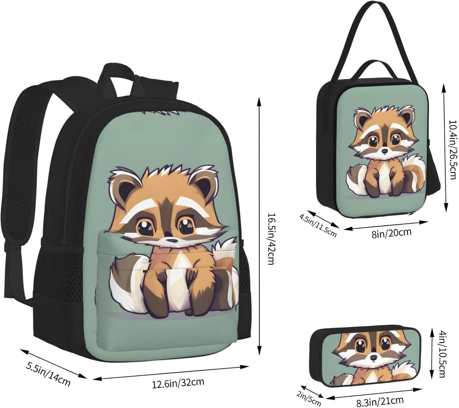 Cartoon Cute Raccoon Print 3pcs Casual Backpack With Lunch Box Unisex Adjustable Backpack,Travel Laptop Backpack