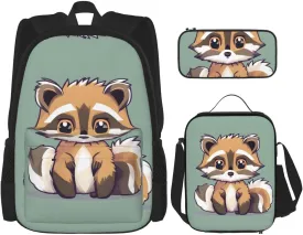 Cartoon Cute Raccoon Print 3pcs Casual Backpack With Lunch Box Unisex Adjustable Backpack,Travel Laptop Backpack