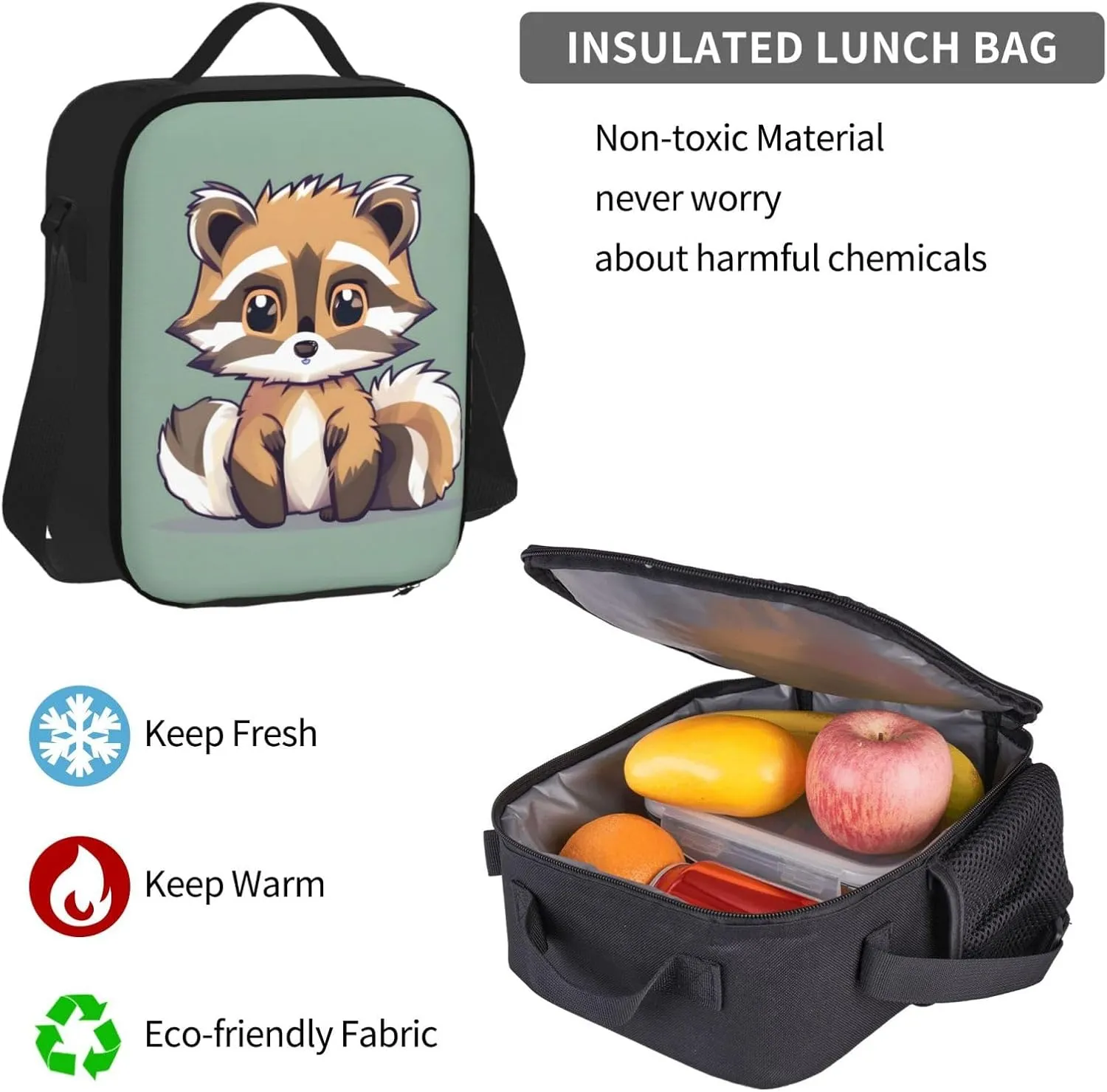 Cartoon Cute Raccoon Print 3pcs Casual Backpack With Lunch Box Unisex Adjustable Backpack,Travel Laptop Backpack