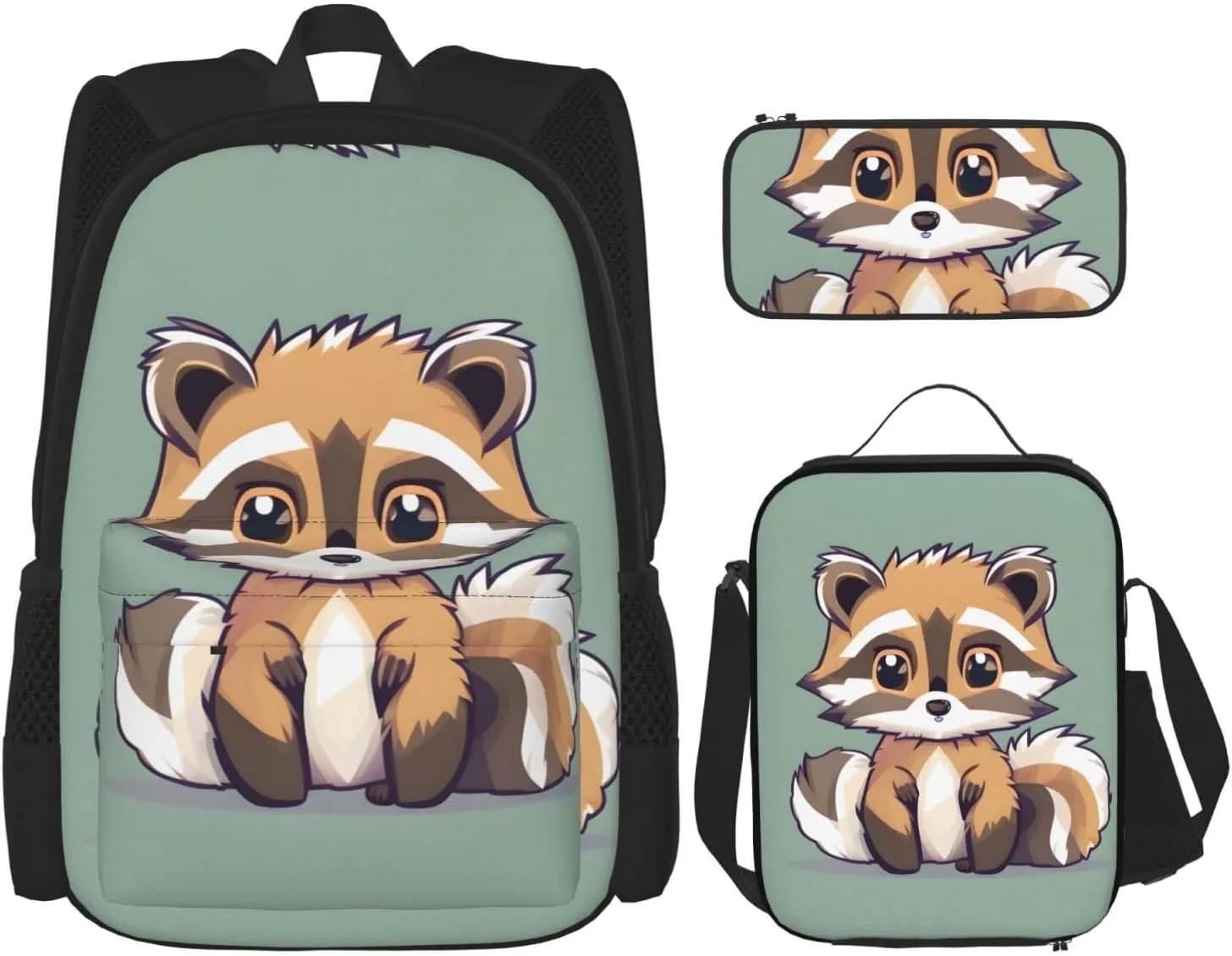 Cartoon Cute Raccoon Print 3pcs Casual Backpack With Lunch Box Unisex Adjustable Backpack,Travel Laptop Backpack