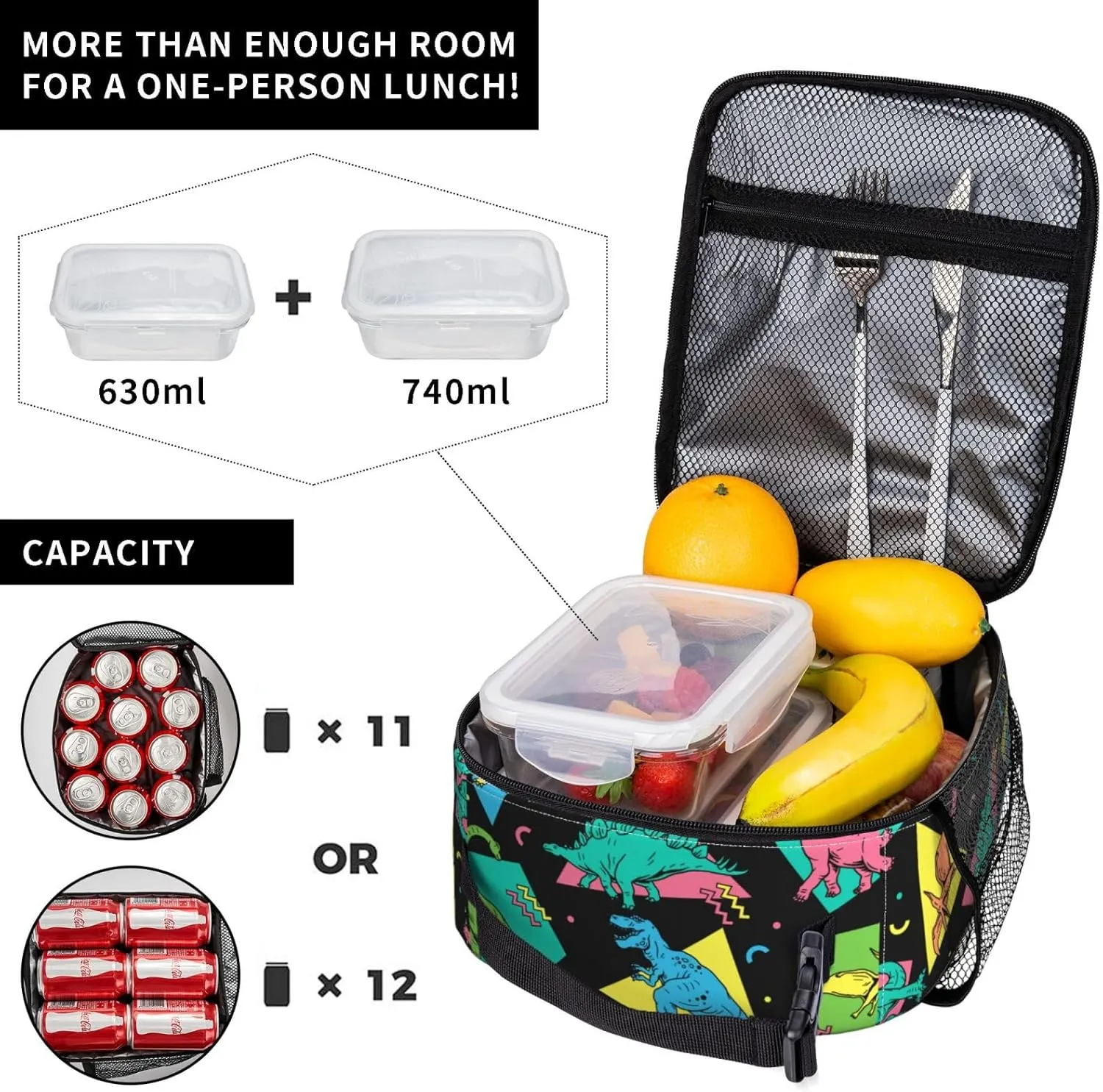 Cartoon Dinosaurs Lunch Bag Lunch Box Insulated Meal Bag Food Container for School Work Picnic Travel
