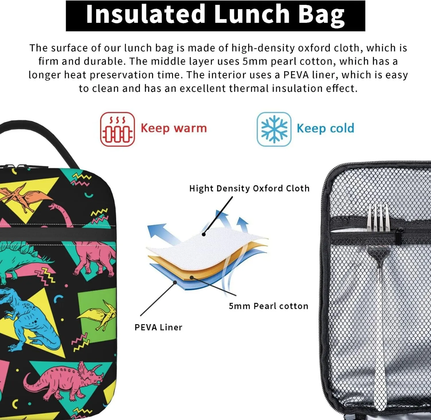 Cartoon Dinosaurs Lunch Bag Lunch Box Insulated Meal Bag Food Container for School Work Picnic Travel