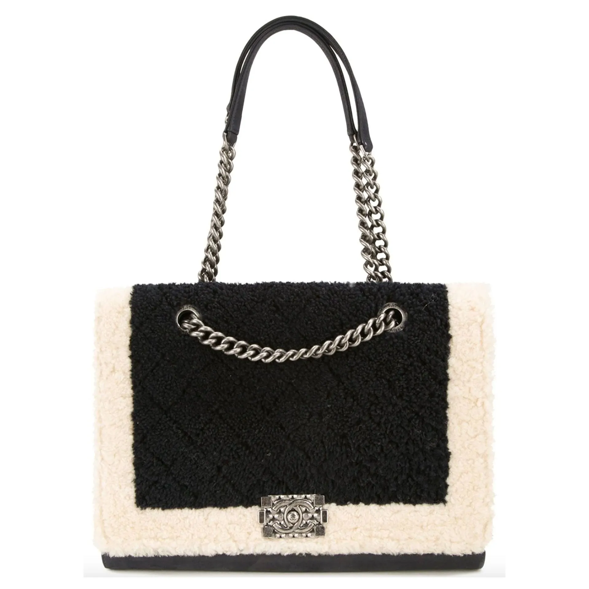 Chanel Black Ivory White Shearling & Lambskin Boy Bag