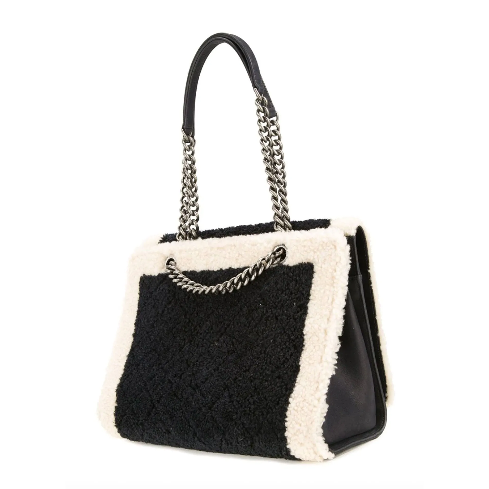 Chanel Black Ivory White Shearling & Lambskin Boy Bag