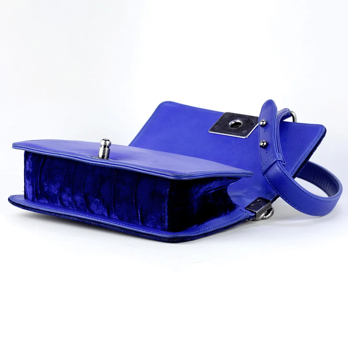 Chanel Boy Bag Blue Velvet Quilted with Ruthenium Hardware Small