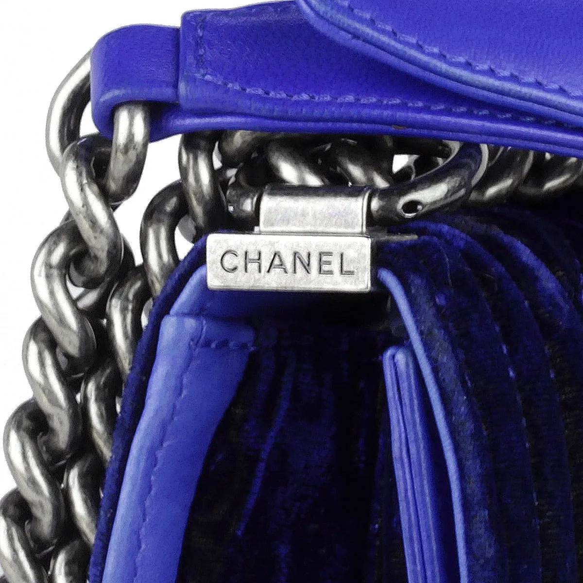 Chanel Boy Bag Blue Velvet Quilted with Ruthenium Hardware Small