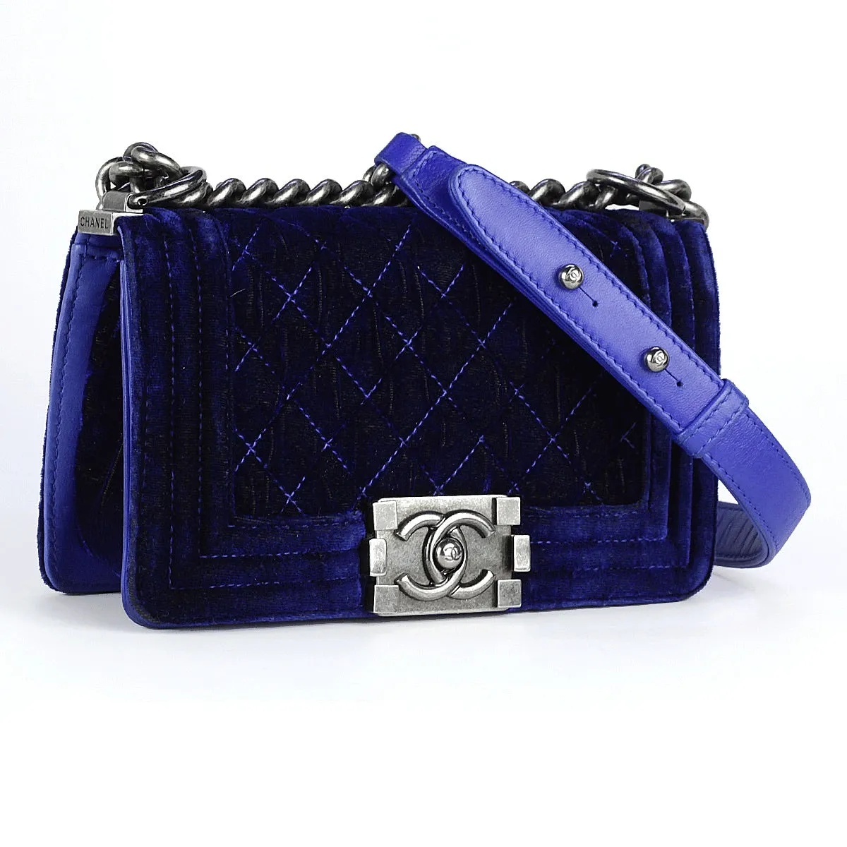 Chanel Boy Bag Blue Velvet Quilted with Ruthenium Hardware Small