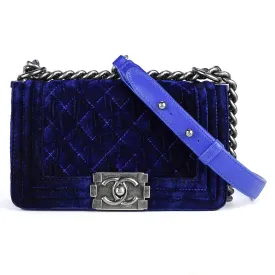 Chanel Boy Bag Blue Velvet Quilted with Ruthenium Hardware Small