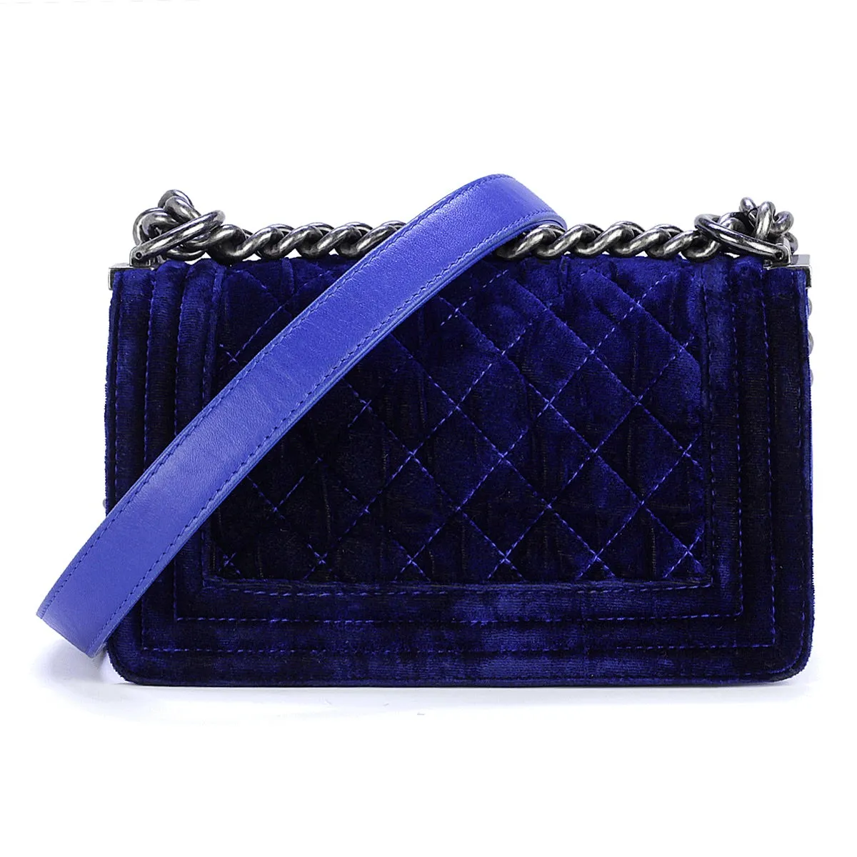 Chanel Boy Bag Blue Velvet Quilted with Ruthenium Hardware Small