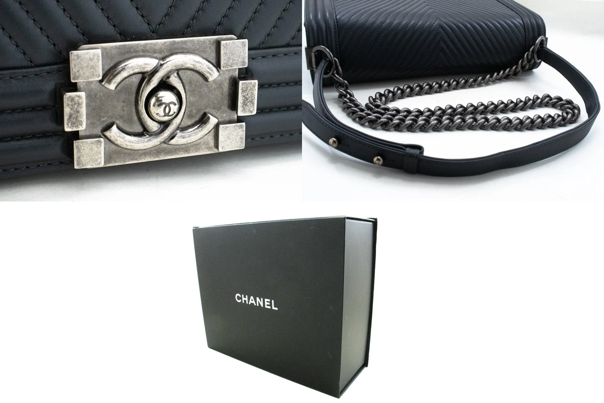 CHANEL Boy Dark Gray V-Stitch Chain Shoulder Bag Quilted Flap