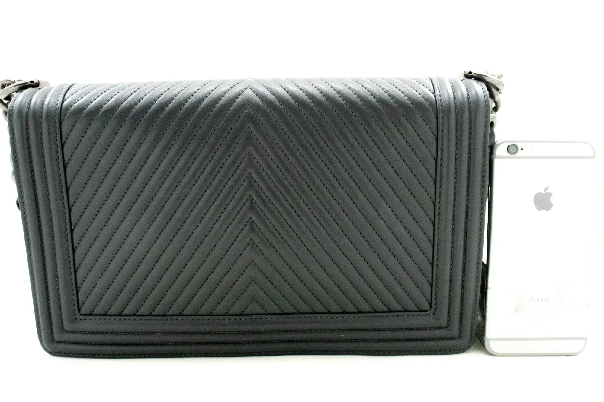 CHANEL Boy Dark Gray V-Stitch Chain Shoulder Bag Quilted Flap