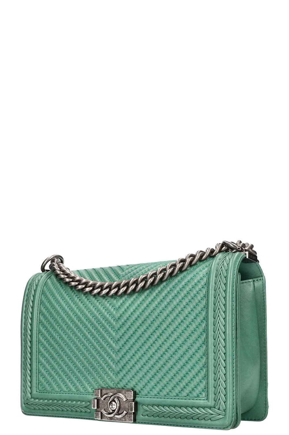 CHANEL Large Boy Bag Chevron Whipstitch Mint