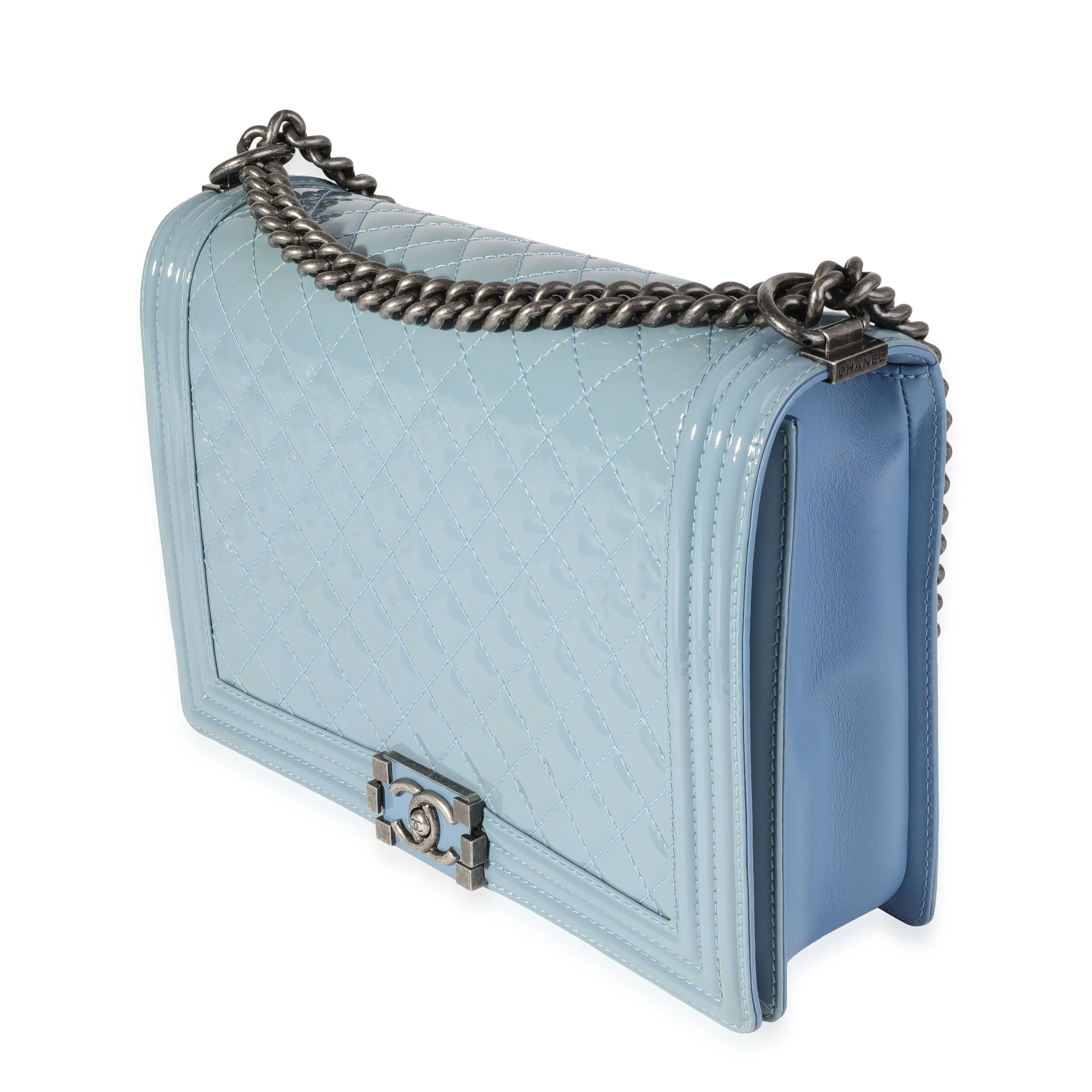 CHANEL Light Blue Quilted Patent Leather Large Boy Bag
