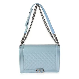 CHANEL Light Blue Quilted Patent Leather Large Boy Bag