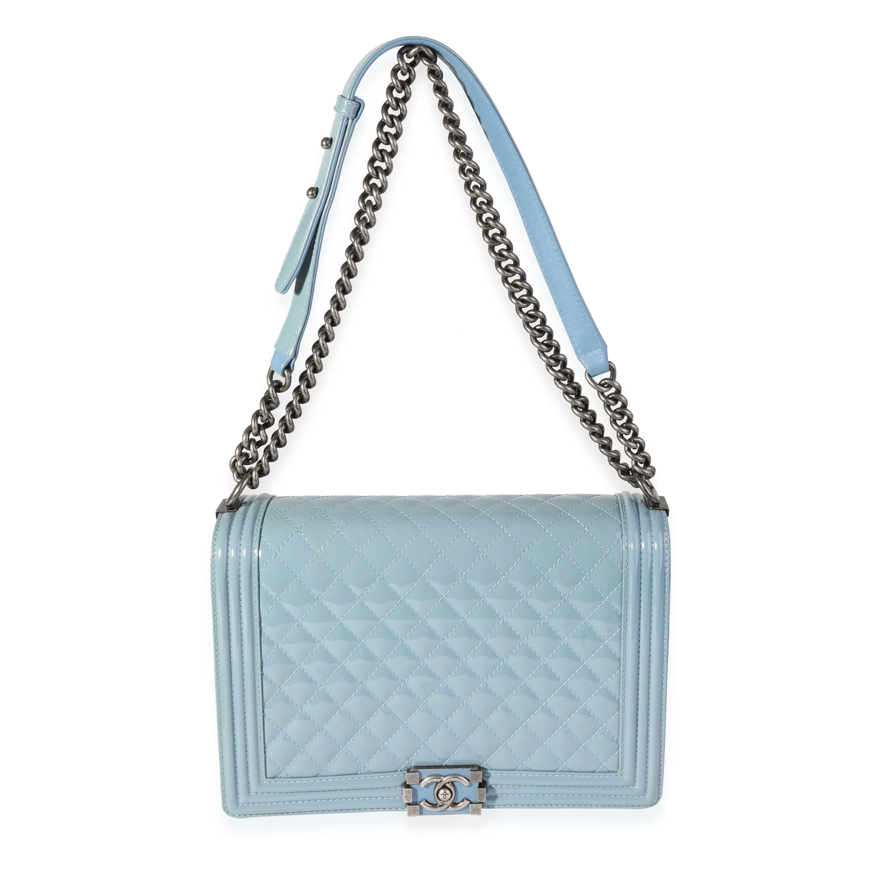 CHANEL Light Blue Quilted Patent Leather Large Boy Bag