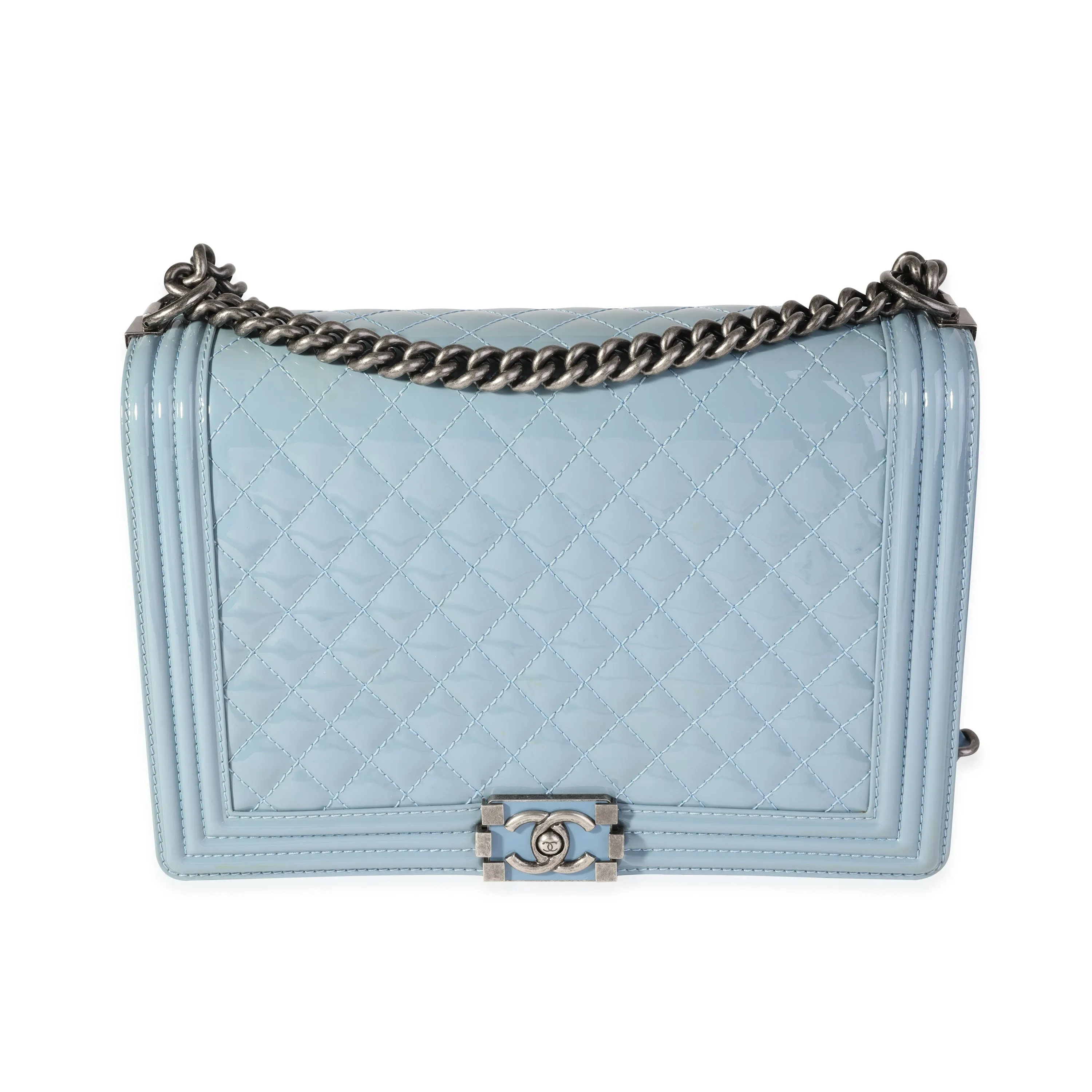 CHANEL Light Blue Quilted Patent Leather Large Boy Bag