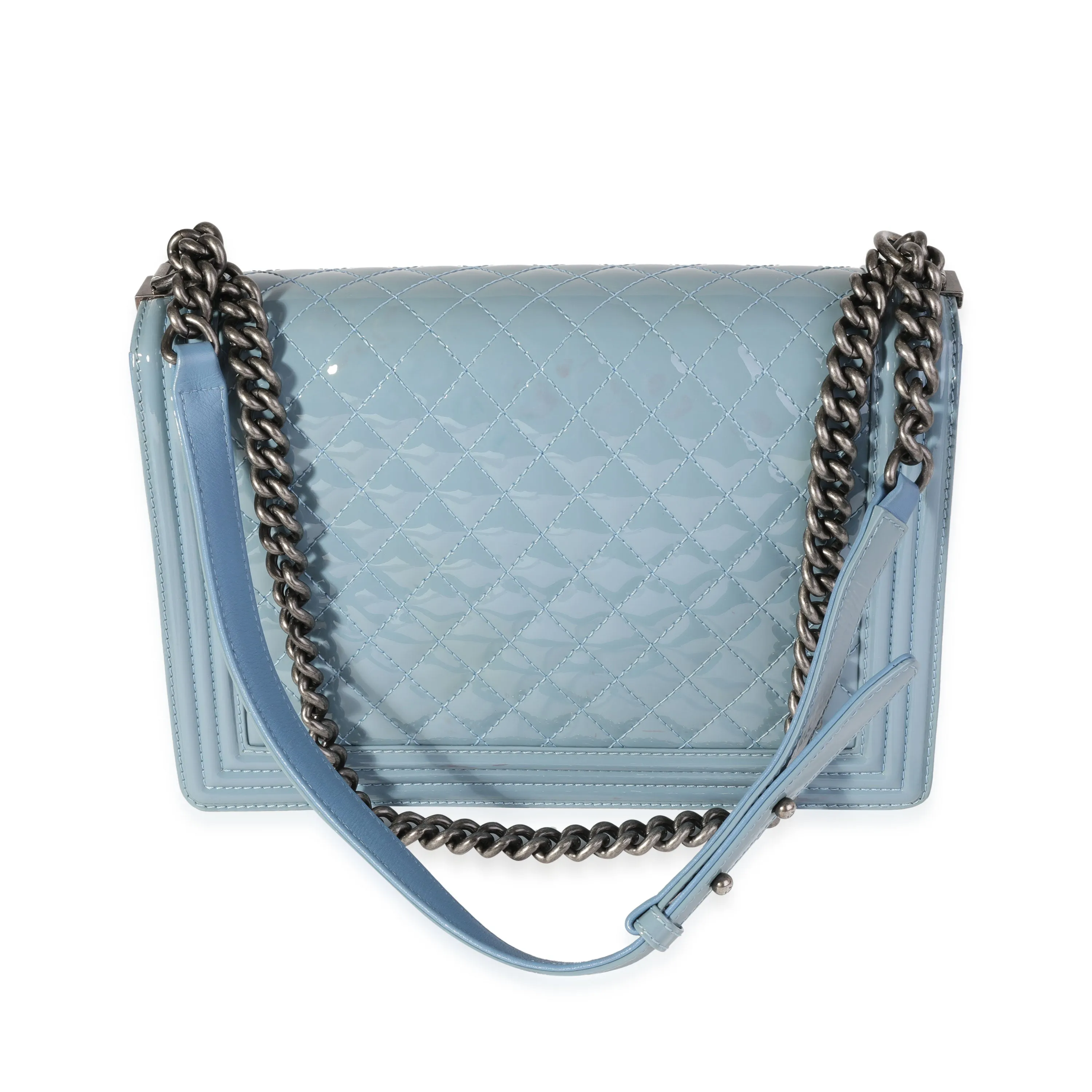 CHANEL Light Blue Quilted Patent Leather Large Boy Bag