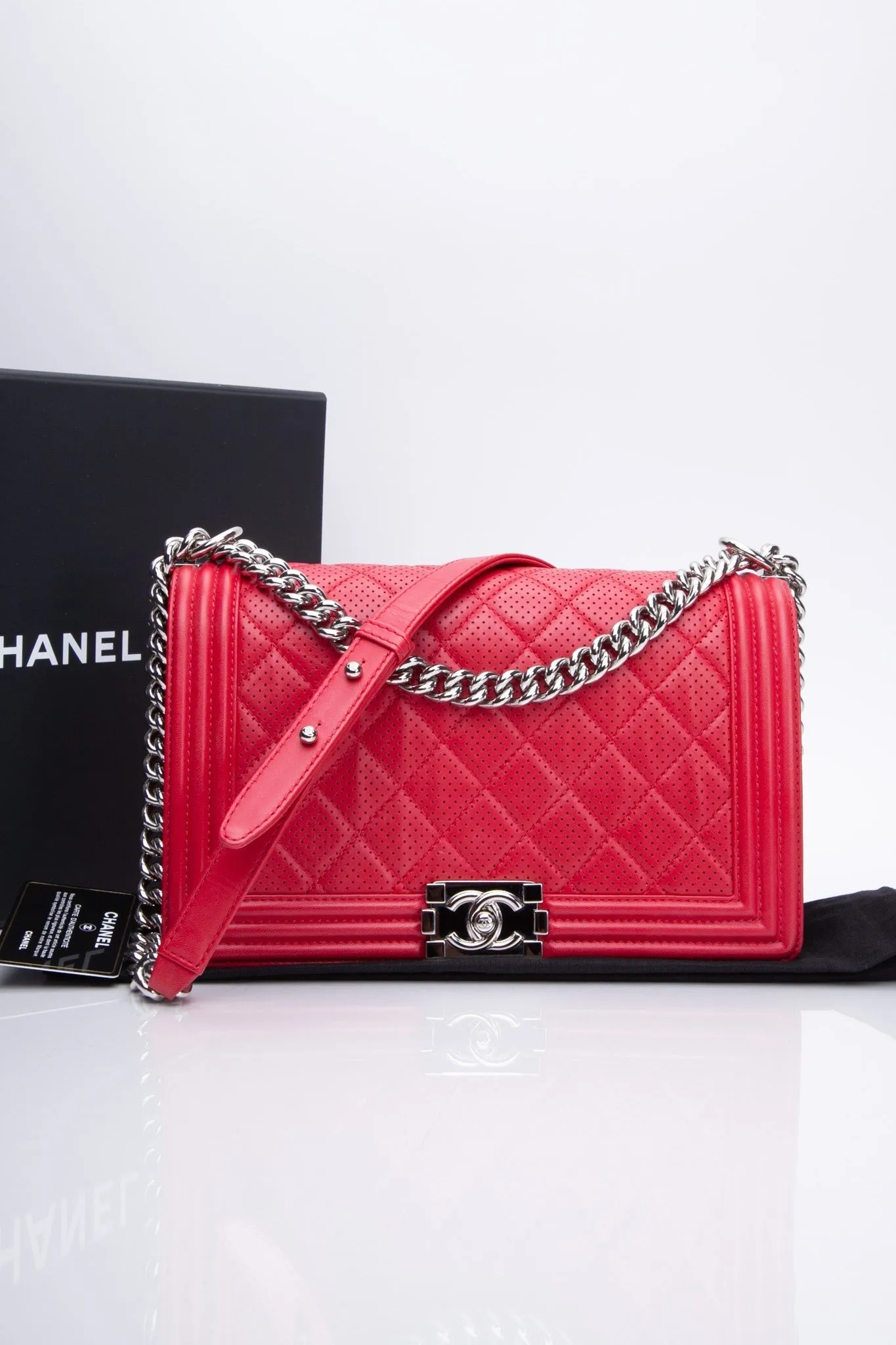 CHANEL Perforated Lambskin Quilted Medium Boy Flap Red