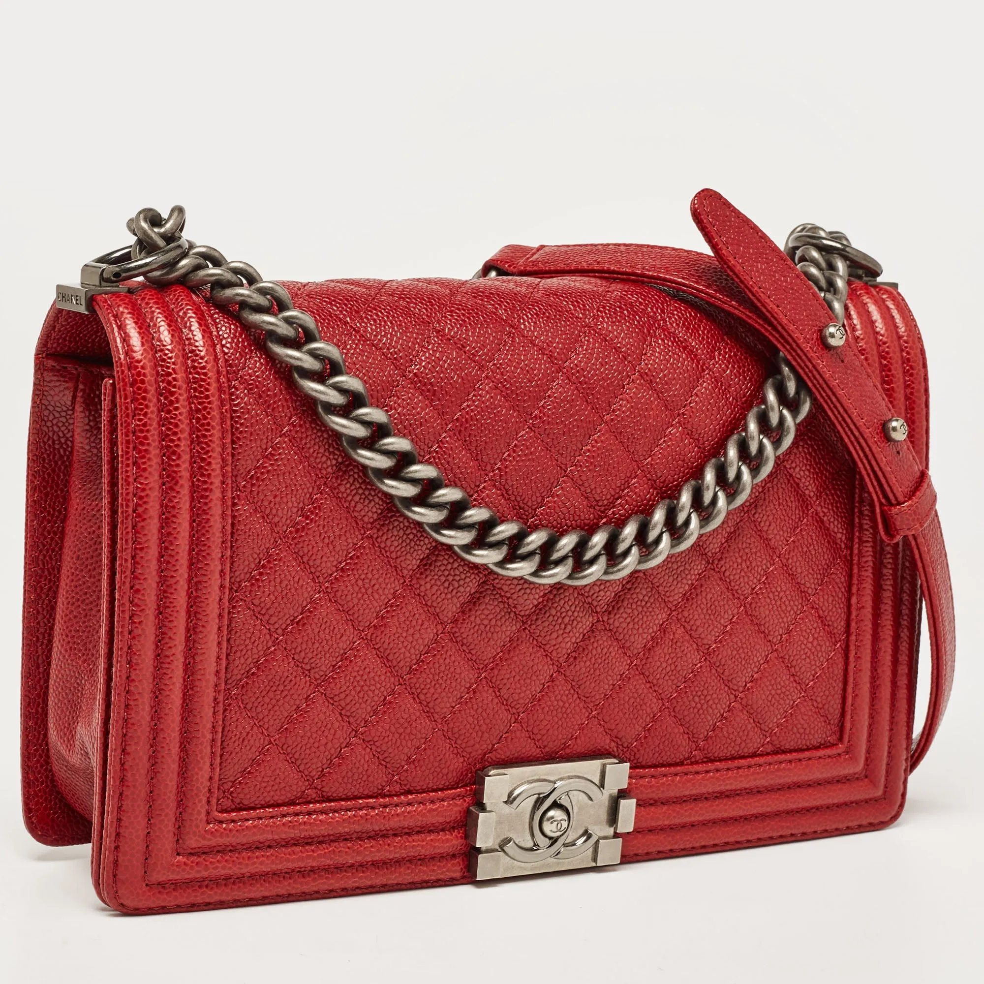 CHANEL Red Quilted Caviar Leather New Medium Boy Bag