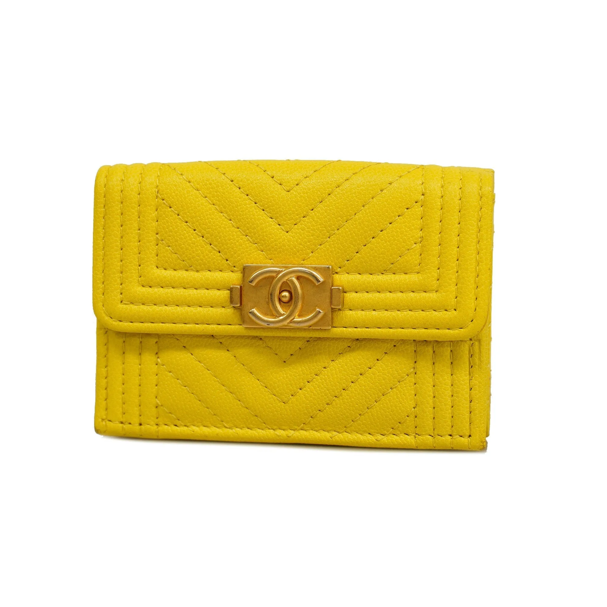 CHANELAuth  Boy  Tri-fold Wallet Boy  V Stitch Gold Hardware Women's