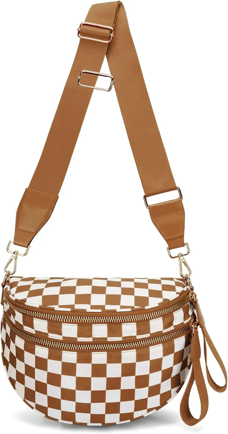 Checkered Crossbody Bag Shoulder Purse Nylon Bum Bags for Women Checkered Sling Hobo Handbag Fanny Packs Crossbody Tote Purse