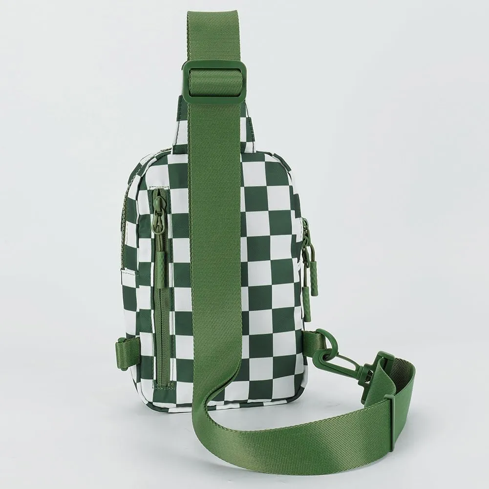 Checkered Sling Bag for Women, Checkered Crossbody Bags Small Chest Bag Trendy Waist Bag Fanny Packs for Men and Women (BEAN GREEN)