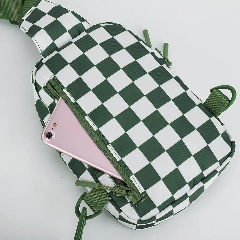 Checkered Sling Bag for Women, Checkered Crossbody Bags Small Chest Bag Trendy Waist Bag Fanny Packs for Men and Women (BEAN GREEN)
