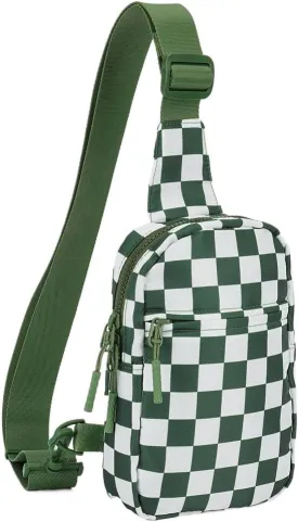 Checkered Sling Bag for Women, Checkered Crossbody Bags Small Chest Bag Trendy Waist Bag Fanny Packs for Men and Women (BEAN GREEN)
