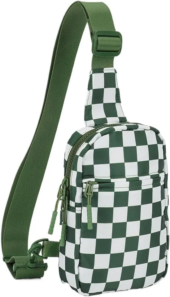 Checkered Sling Bag for Women, Checkered Crossbody Bags Small Chest Bag Trendy Waist Bag Fanny Packs for Men and Women (BEAN GREEN)