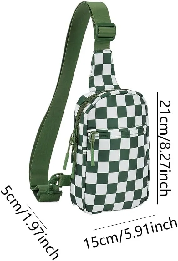 Checkered Sling Bag for Women, Checkered Crossbody Bags Small Chest Bag Trendy Waist Bag Fanny Packs for Men and Women (BEAN GREEN)