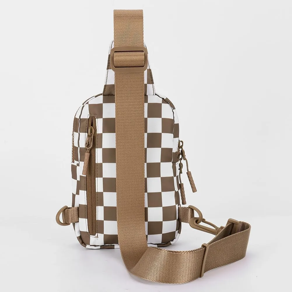 Checkered Sling Bag for Women, Checkered Crossbody Bags Small Chest Bag Trendy Waist Bag Fanny Packs for Men and Women (CARAMEL)