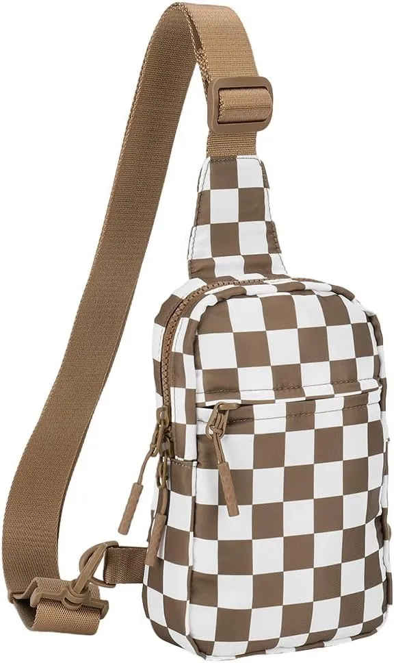 Checkered Sling Bag for Women, Checkered Crossbody Bags Small Chest Bag Trendy Waist Bag Fanny Packs for Men and Women (CARAMEL)