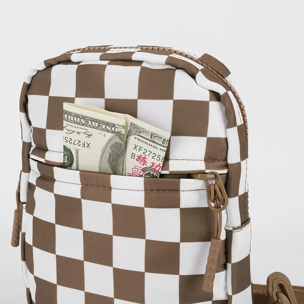 Checkered Sling Bag for Women, Checkered Crossbody Bags Small Chest Bag Trendy Waist Bag Fanny Packs for Men and Women (CARAMEL)