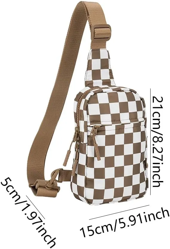 Checkered Sling Bag for Women, Checkered Crossbody Bags Small Chest Bag Trendy Waist Bag Fanny Packs for Men and Women (CARAMEL)