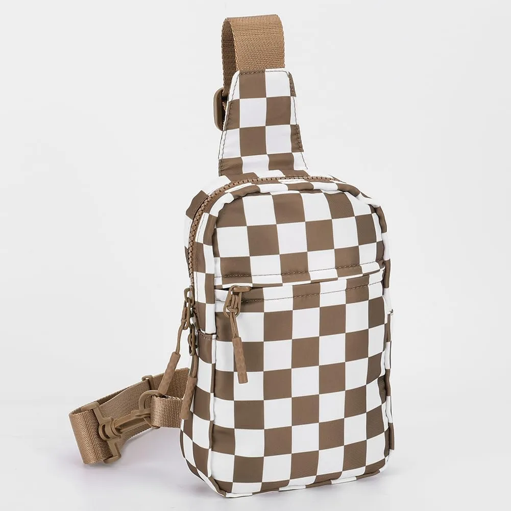 Checkered Sling Bag for Women, Checkered Crossbody Bags Small Chest Bag Trendy Waist Bag Fanny Packs for Men and Women (CARAMEL)