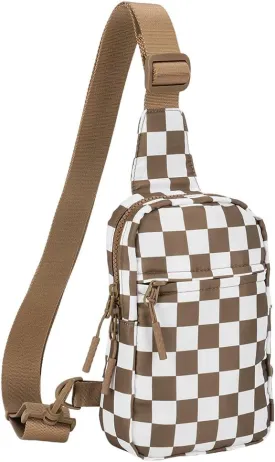 Checkered Sling Bag for Women, Checkered Crossbody Bags Small Chest Bag Trendy Waist Bag Fanny Packs for Men and Women (CARAMEL)