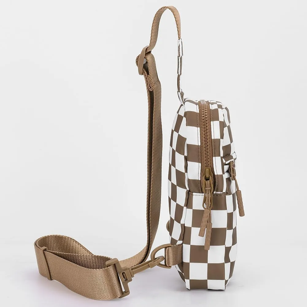 Checkered Sling Bag for Women, Checkered Crossbody Bags Small Chest Bag Trendy Waist Bag Fanny Packs for Men and Women (CARAMEL)