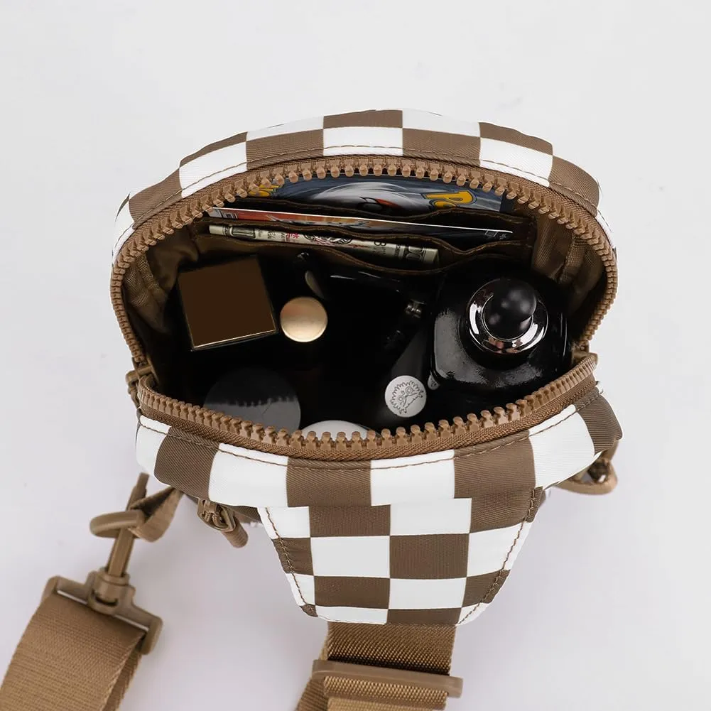 Checkered Sling Bag for Women, Checkered Crossbody Bags Small Chest Bag Trendy Waist Bag Fanny Packs for Men and Women (CARAMEL)