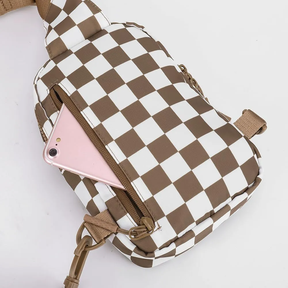 Checkered Sling Bag for Women, Checkered Crossbody Bags Small Chest Bag Trendy Waist Bag Fanny Packs for Men and Women (CARAMEL)
