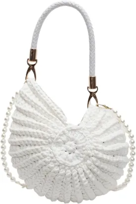 Conch Shape Shoulder Bag Handwoven Pearls Chain Crossbody Bags Solid Color Seashell Crochet Handbags Vacation Boho Clutch