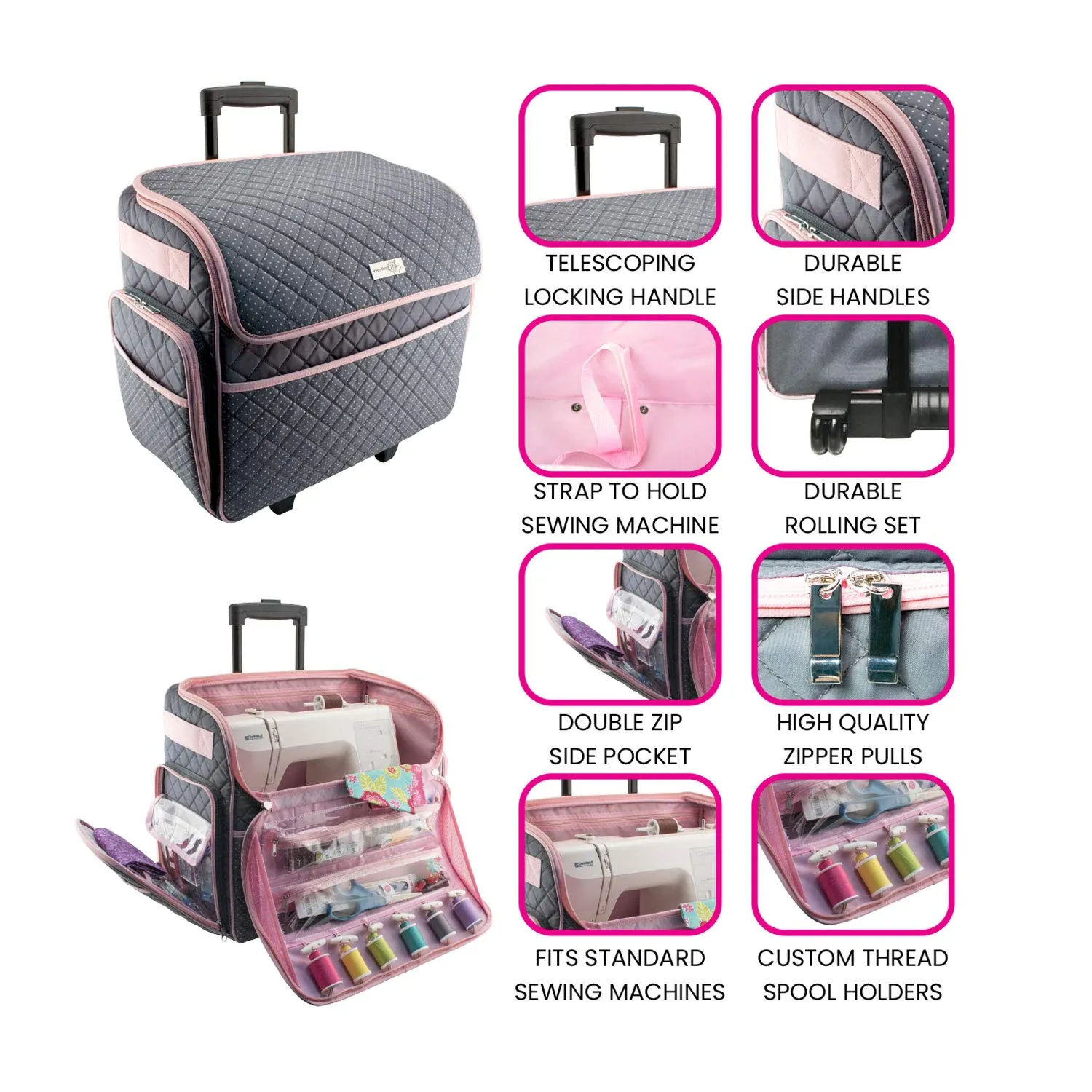 Deluxe Rolling Sewing Case, Pink & Grey