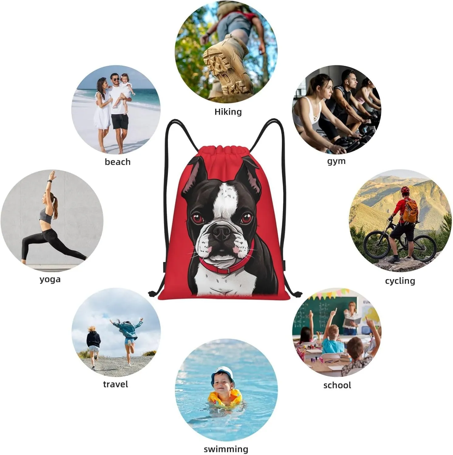Drawstring Backpack Waterproof String Bag Boston Terrier Dog Red Sport Gym Sackpack Lightweight Cinch Bag