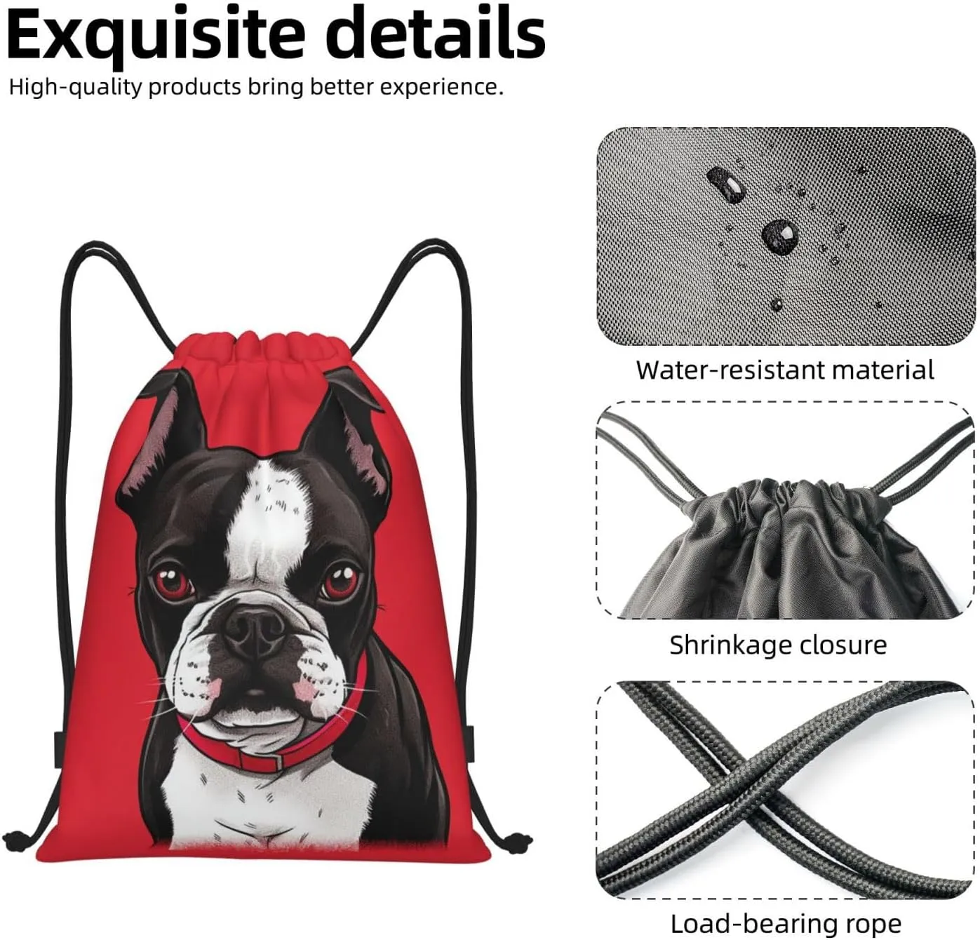 Drawstring Backpack Waterproof String Bag Boston Terrier Dog Red Sport Gym Sackpack Lightweight Cinch Bag