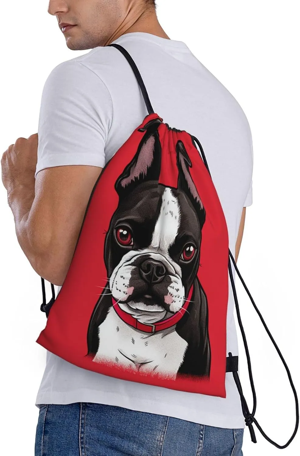Drawstring Backpack Waterproof String Bag Boston Terrier Dog Red Sport Gym Sackpack Lightweight Cinch Bag