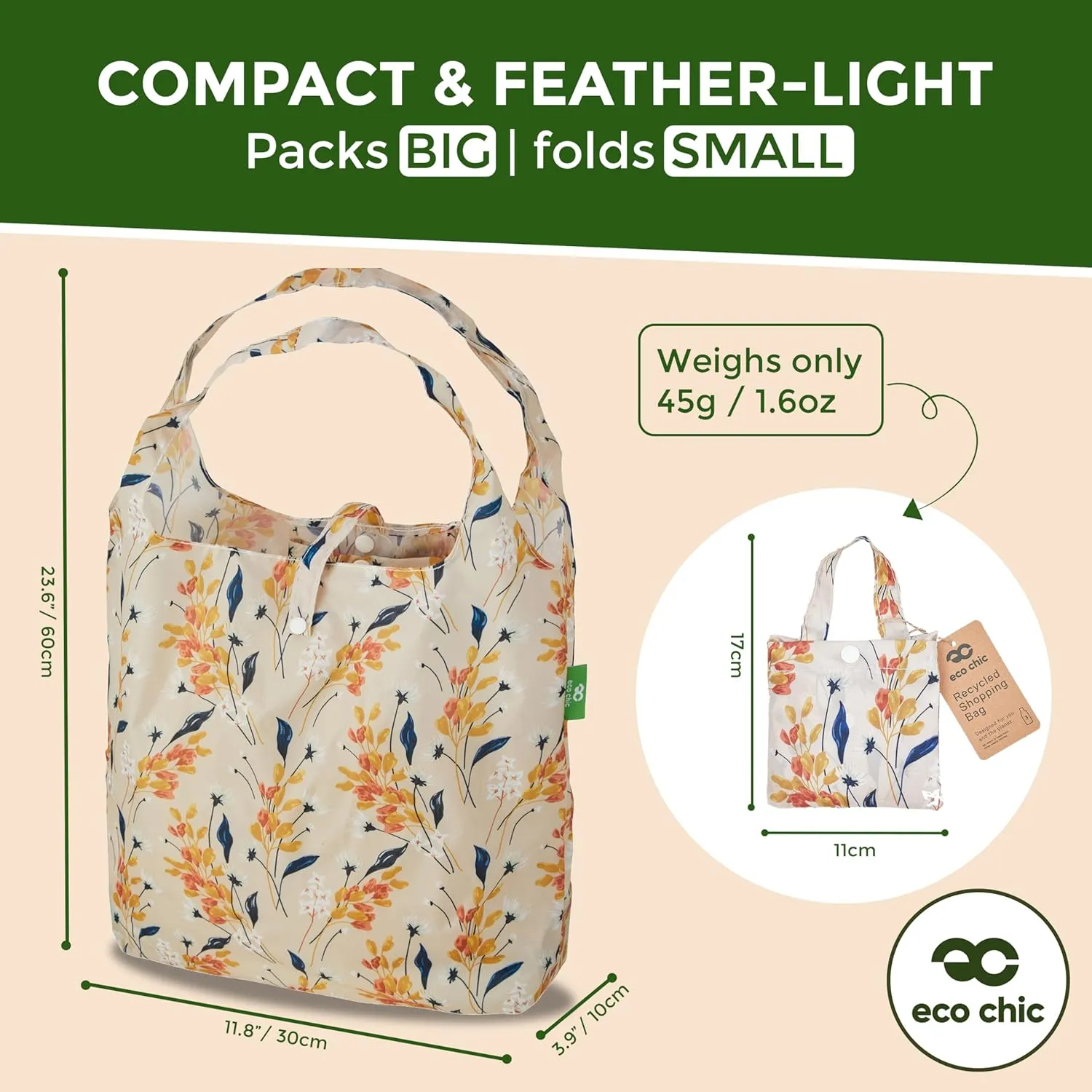 ECO CHIC Foldable Reusable Grocery Bags - Lightweight, Recycled & Reusable Shopping Bag - Waterproof Packable Tote