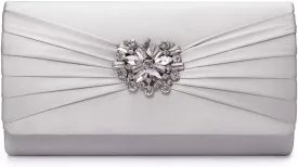 Evening Bags For Women Pleated Satin Rhinestone Brooch Prom Clutch Purse With Detachable Chain Strap